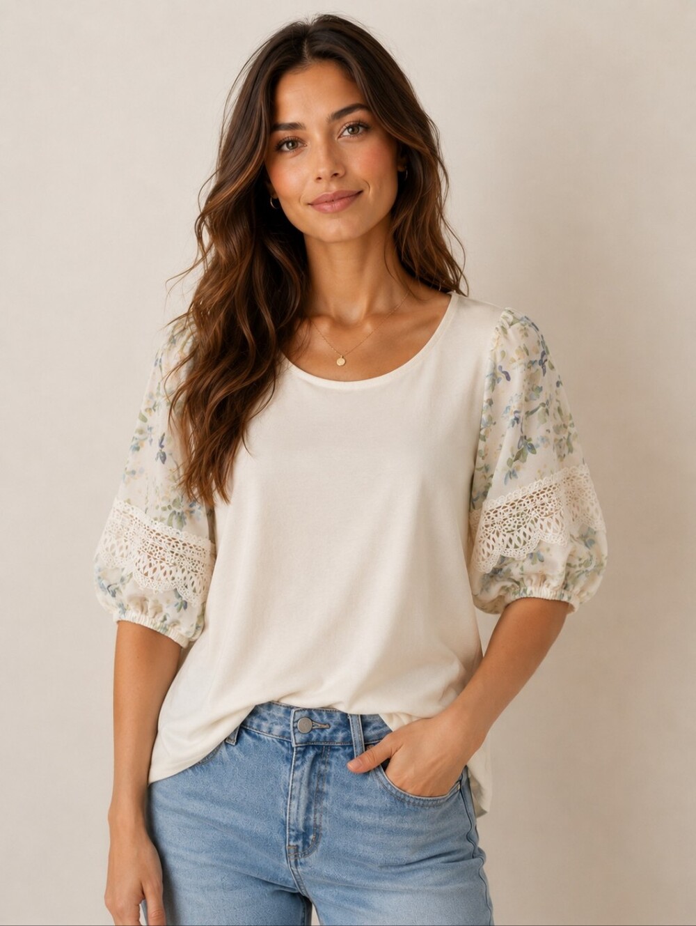 379.Rio & Rian Floral Puff-Sleeve White Women's Top